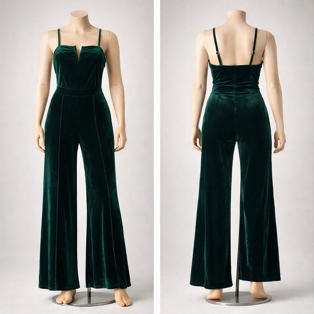 Velvet Wide-Leg Jumpsuit in Deep Green